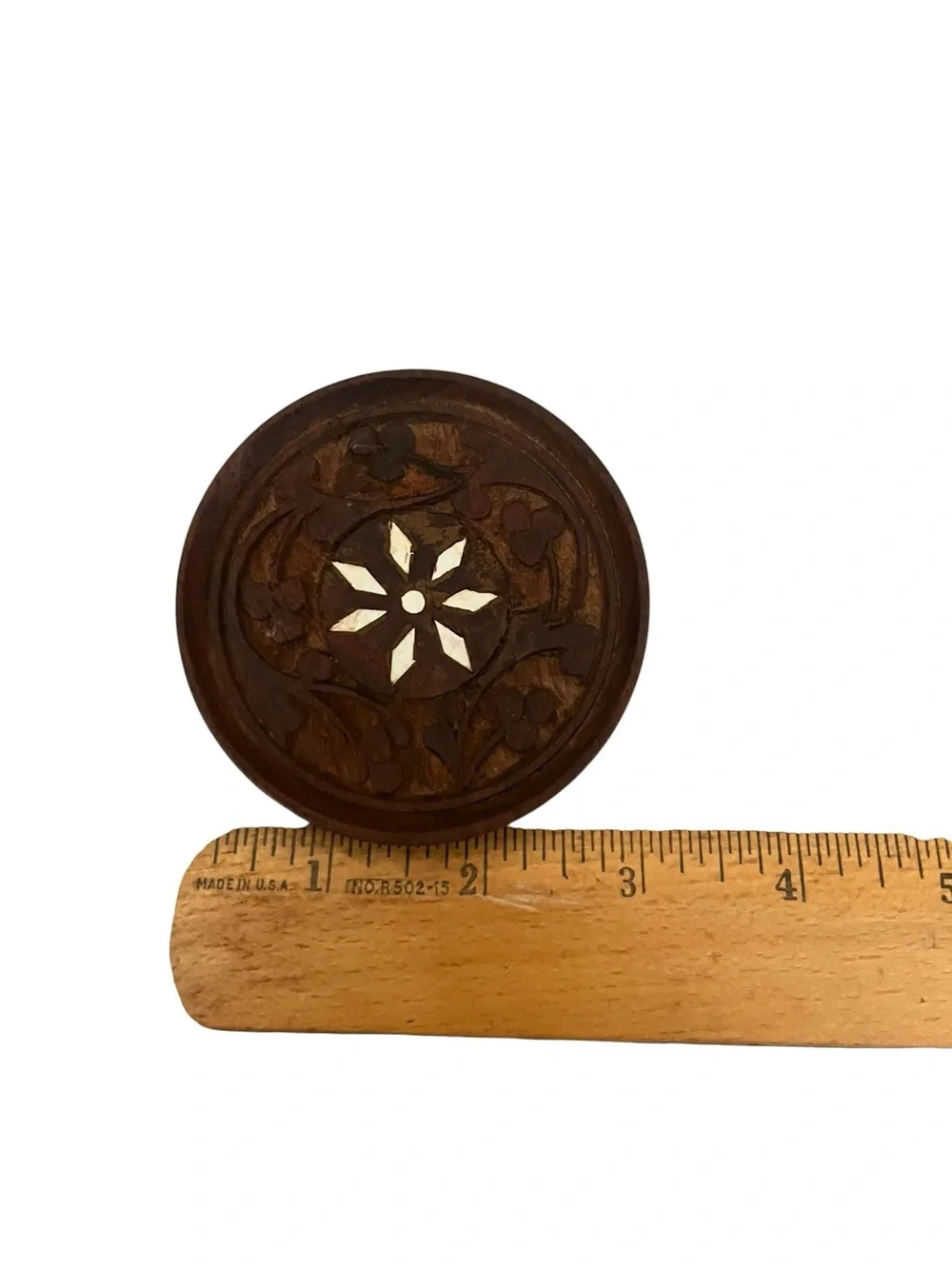 *NFS*Vintage Hand Carved Wood Coasters With Shell Inlay - Set of 6